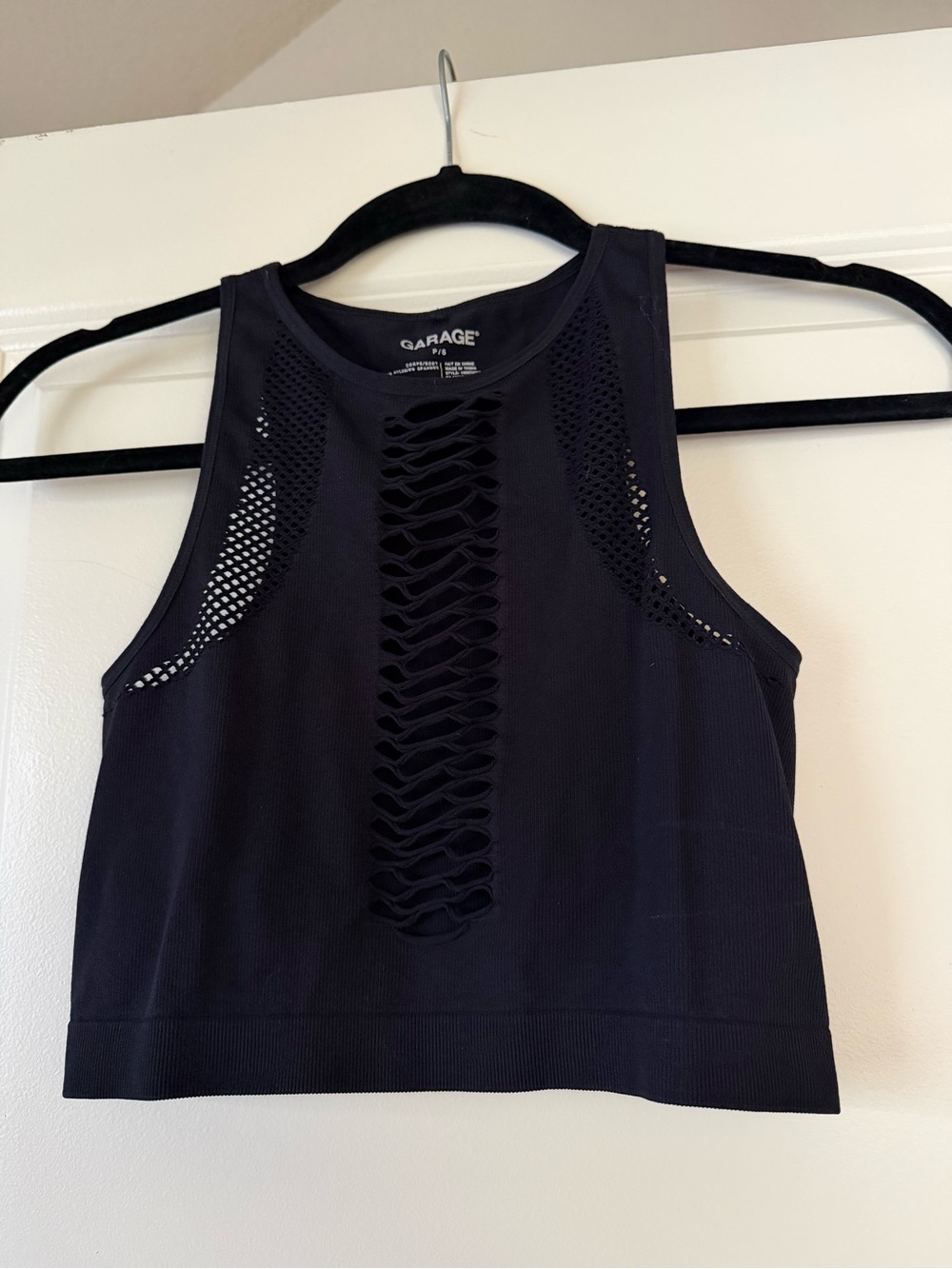 Garage Black Cropped Tank with Center Lattice Detail